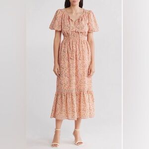 Max Studio Coral Tossed‎ Medow Bubble Sleeve Tiered Maxi Dress